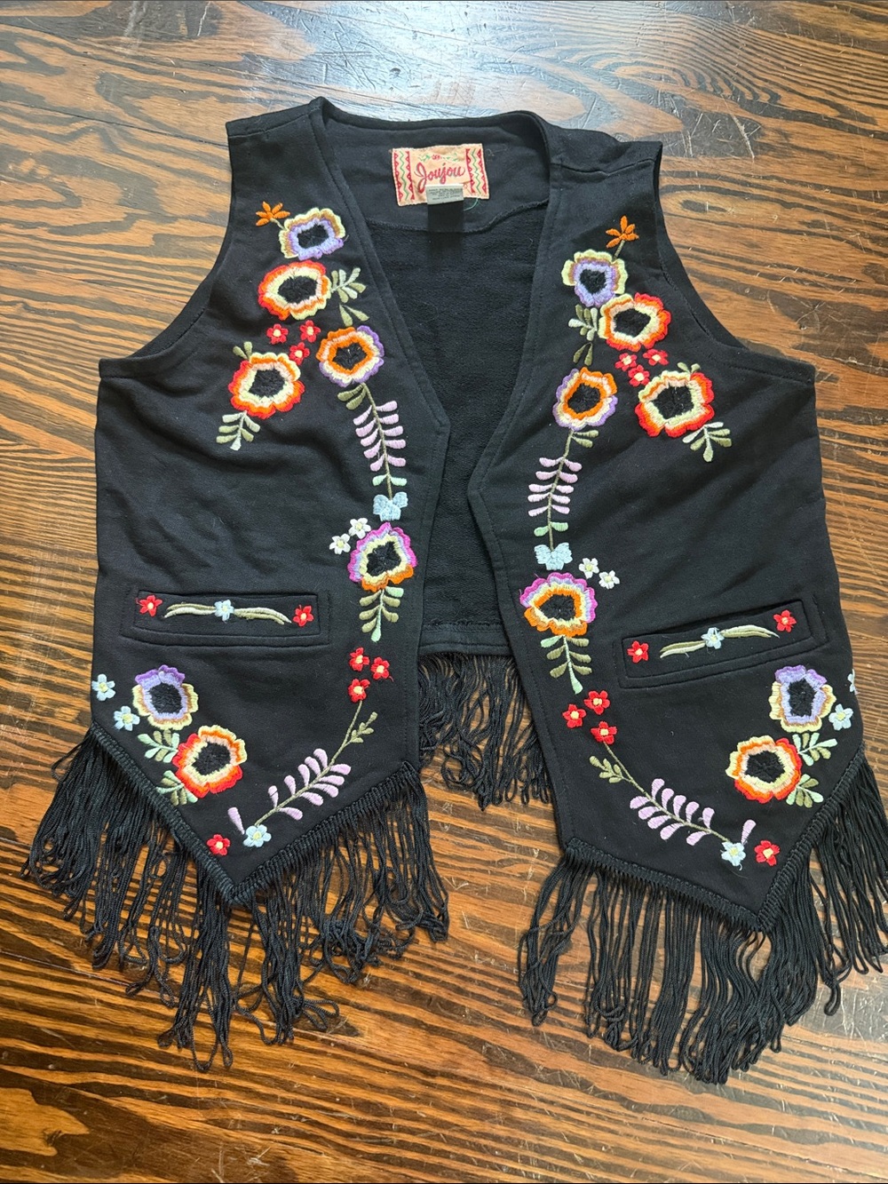 Jou Jou Black Embroidered Fringe Vest with Multicolor Floral Accents